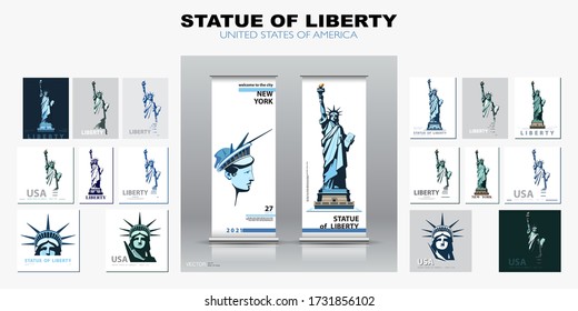 Statue of Liberty Design Template Set. Banner, geometrisch mehrfarbige flache Ausführung. New York. Booklet, Albumposter. Name des Jahresberichts Ad Text. X-Banner. Informationsbanner, Vektorgrafik