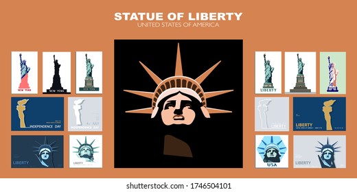 Statue of Liberty design template set. Poster banner, geometric multicolored flat design. 4 July, independence day, New York, album. Name of the Ad Text.Information banner, booklet,vector illustration