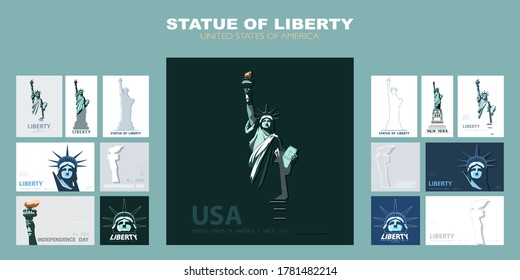 Statue of Liberty design template set. Poster banner, geometric multicolored flat design. 4 July, independence day, New York, album. Name of the Ad Text.Information banner, booklet,vector illustration