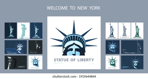 Statue of Liberty design template set. Banner, geometric multicolored flat design. New York. Booklet, album poster. Name of the Annual Report Ad Text. X-banner. Information banner, vector illustration