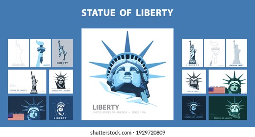 Statue of Liberty design template set. Banner, geometric blue and white flat design. Welcome to New York. Booklet, album poster. Name Independence Day. X-banner.Information banner, vector illustration