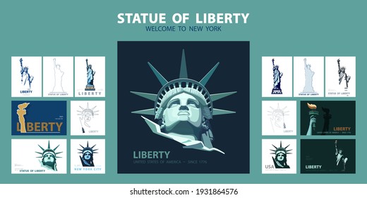 Statue of Liberty design template set. Banner, geometric blue and green flat design. Welcome to New York. Booklet, album poster. Name Independence Day. X-banner.Information banner, vector illustration