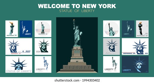 Statue of Liberty design template set. Banner, geometric green flat design. New York. Booklet, album poster. Name of the Annual Report Ad Text. X-banner. Information banner, vector illustration