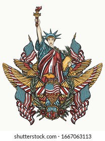 Statue of liberty, eagle, flag and map. United States of America. Patriotic art. Old school tattoo style. History and culture. Traditional USA concept 