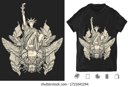 Statue of liberty, eagle, flag and map. United States of America. Patriotic art. One color creative print for dark clothes. T-shirt design. Template for posters, textiles, apparels