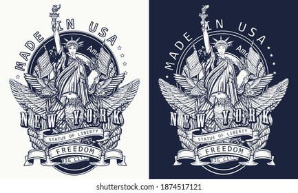 Statue of liberty, eagle, flag and map. United States of America. Patriotic art. New York slogan. Old school tattoo style. History and culture. Traditional USA t-shirt design. One color vector 