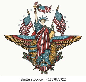 Statue of liberty, eagle wings, flag and map. Patriotic art. United States of America, old school tattoo style.  History and culture. Traditional USA tattooing concept 