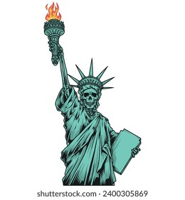 Statue of liberty emblem colorful with symbol of New York in form of skeleton holding torch and constitution vector illustration