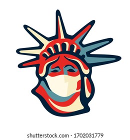 Statue of Liberty with face mask artistic vector illustration. Stop coronavirus spreading concept. New York COVID-19 protection quarantine.