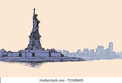 Statue of Liberty, famous big woman figure on island in NYC harbor. Freehand outline ink hand drawn background sketch in art doodle antique style pen on paper with space for text on sky