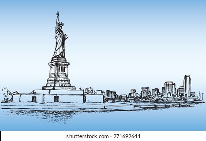 Statue of Liberty is famous colossal woman figure on Island in NY Harbor. Vector monochrome freehand ink drawn background sketch in art scribble antique style pen on paper with space for text on sky