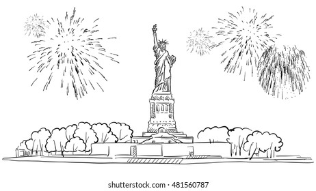 Statue of Liberty with Firework Illustration, Hand drawn Vector Outline Artwork