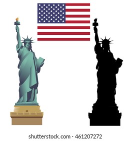 Statue of Liberty. Flag of the United States of America. Isolated on white, vector illustration. Silhouette