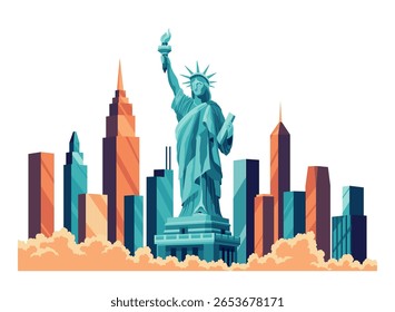O desenho animado plano da Estátua da Liberdade é isolado sobre fundo branco. Ilustração vetorial