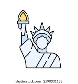 Statue of Liberty, flat design illustration, iconic U.S. symbol of freedom, ideal for tourism and history themes.