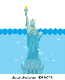 Statue of Liberty flood. USA attraction underwater. American symbol filled with water. Fish swim in ocean. Disaster in New York
