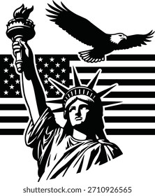Statue of liberty and flying bald eagle silhouette over american flag background patriotic vector illustration for independence day design