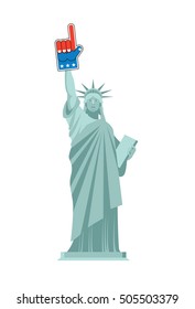 Statue of Liberty and foam finger. Landmark US keeps on hand sports sign. Patriotic America illustration