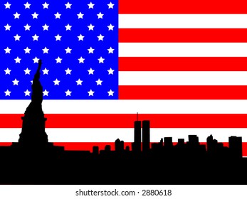 Statue of Liberty and former Lower Manhattan skyline against American flag
