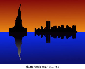 Statue of Liberty and former Lower Manhattan skyline at sunset