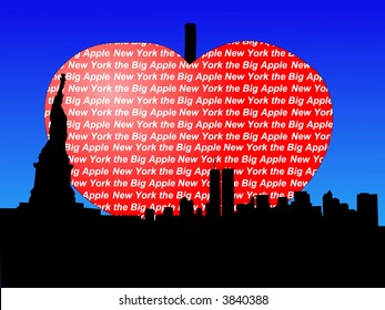 Statue of Liberty and former Lower Manhattan skyline with big apple