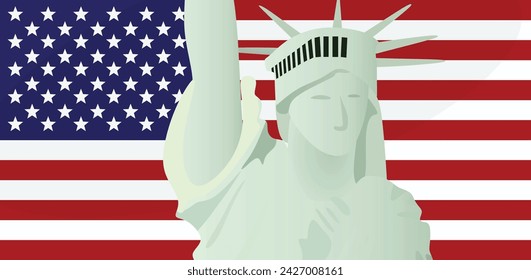 Statue of Liberty in front of flag. vector illustration