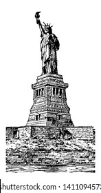 Statue of liberty is a gift from people France to the people of US vintage line drawing.