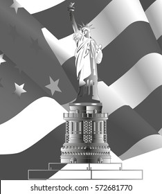 The Statue of Liberty with growing American flag on background. Grayscale vector illustration.