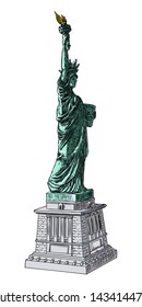 Statue of liberty in hand drawing style, line cross hatching, stroke, color. Hand drawn sketch. American national symbol, New York and USA landmark. Vector.