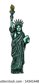 Statue of liberty in hand drawing style, line cross hatching, stroke, color. Hand drawn sketch. American national symbol, New York and USA landmark. Vector.