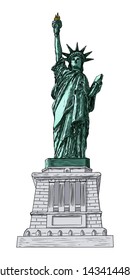 Statue of liberty in hand drawing style, line hatching stroke, color. Hand drawn sketch. American national symbol, New York and USA landmark. Vector.