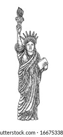 Freiheitsstatue im handgezeichneten Stil, Strichschraffur. Handgezeichnete Skizze. Amerikanische Nationalsymbol, New York und USA Wahrzeichen. Vektorillustration.