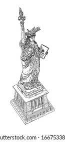 Statue of liberty in hand drawing style, line hatching stroke. Hand drawn sketch. American national symbol, New York and USA landmark. Vector.