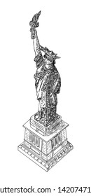 Statue of Liberty hand drawing. USA New York landmark. Independence Day July 4 American symbol. Symbol of freedom and United States Declaration of Independence. Easy to edit layers. Vector.