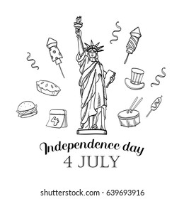 Statue of Liberty hand drawn doodle illustration. Independence Day doodle art. 4th July hand drawn doodle icons.