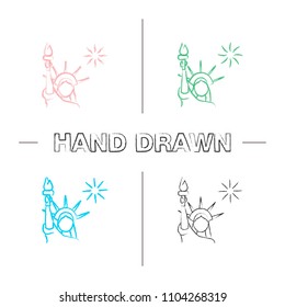 The Statue of Liberty hand drawn icons set. Independence Day. July 4th. Color brush stroke. Isolated vector sketchy illustrations