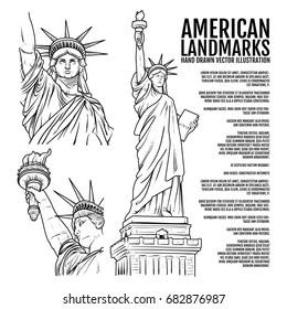 The Statue of Liberty Hand Drawn vector Illustration, American Landmarks outline, Lady Liberty