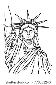 The Statue of Liberty Hand Drawn vector Illustration, American Landmarks outline, Lady Liberty on white background, doodle line