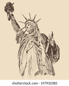 Statue Of Liberty Hand Drawn Vintage Engraved Illustration Sketch