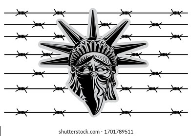 Statue of Liberty head with Bandana on face and barbed wire on background. Vector illustration symbol of america isolated on white