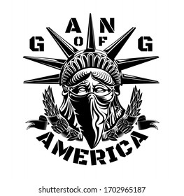 Statue of Liberty head with bandana on face in center of laurel wreath. Vector illustration symbol of america. Gang of America