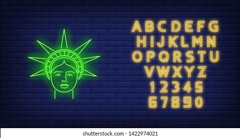 Statue of Liberty head neon sign. Green monument, New York, landmark. Vector illustration in neon style for banners, bright billboards, 4th of July, tourism