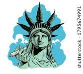 Statue of liberty with hemp leaf holding a rolled joint. Legalize marijuana concept print. Comic style vector illustration.