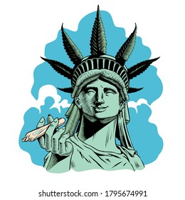 Statue of liberty with hemp leaf holding a rolled joint. Legalize marijuana concept print. Comic style vector illustration.
