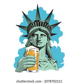 Statue of liberty holding a beer pint. Comic style engraving style vector illustration.