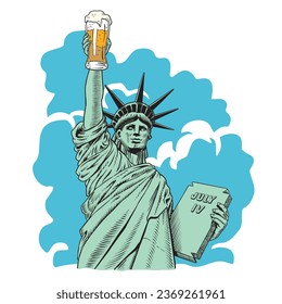 Statue of liberty holding a beer pint. Greeting card or poster design. Comic style engraving style vector illustration.