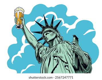 Statue of liberty holding a beer pint. Poster or greeting card design. Comic style engraving vector illustration.