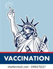 Statue of Liberty holding in hand vaccine for coronavirus. Vaccine for Covid-19 concept