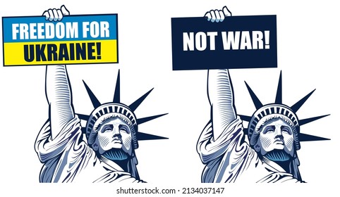 Statue Liberty holding text banner Freedom for Ukraine