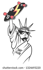 Statue of liberty holds skate in hand, Skate board typography, t-shirt graphics